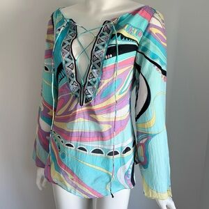 Emilio pucci cotton multicolor longsleeve lace up blouse